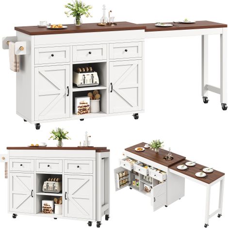 Îlot blanc extensible 131,5-210cm, 360° rotatif avec tiroirs et placards