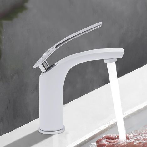 Robinet de salle de bain élégant en métal Mitigeur monocommande pour lavabo - Robinet de salle de bain - Blanc - Mitigeur de lavabo - Pour salle de bain - Robinet d'eau chaude et froide (1/5)