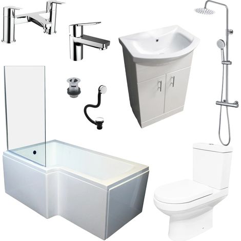 Shower Bath Suite L Shaped Left Hand Inc Vanity Unit Toilet Bath Screen & Taps, No End Panel (1/5)
