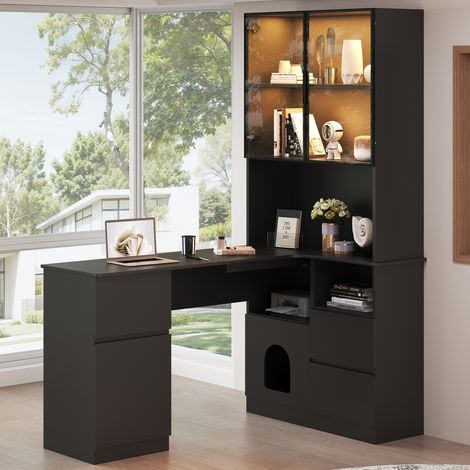Bureau d’angle 120×80×180cm avec bibliothèque et vitrine LED,équipé de passage câble et rangements modulables. (1/5)