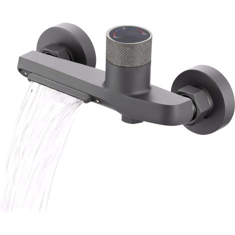 2-Sorties Eau Mitigeur Douche, Gris Waterfall Exit Mitigeur Baignoire, Température Réglable Robinet de Baignoire, pour Installation de Douche Dans Salle de Bain (1/5)