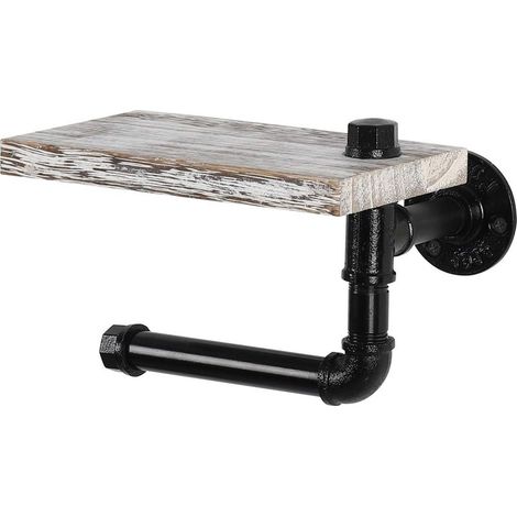 1 porte-papier toilette avec tablette en bois, support mural industriel en fonte, pour salle de bain (1/5)