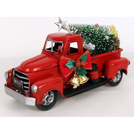 RHG Décoration De Noël Vintage en Forme De Camion Rouge, Style Ferme, en Métal, pour L'extérieur L'intérieur, Fabriquée À Main, Modèle De Voiture Vintage en Métal Rouge pour Les Fêtes De Noël
