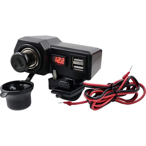 12 V 2,1 A Motorrad-Dual-USB-Telefonladegerät mit Ein-/Ausschalter, LED-Voltmeter und Zigarettenanzünder, Motorrad-Lenkerklemme, wasserdicht
