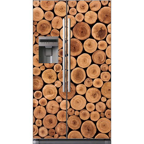 Stickers Frigo Américain - Rondins de bois - 100x180 cm - Adhésif BRILLANT (1/2)