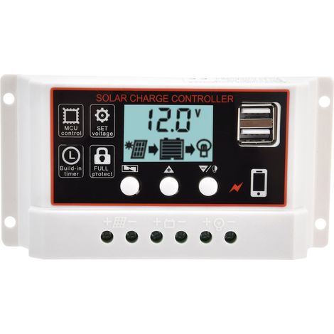Contrôleur de charge solaire PWM 20A 12V/24V à double port USB intelligent, dispositif de régulation de batterie avec fonction décharge-recharge (1/5)