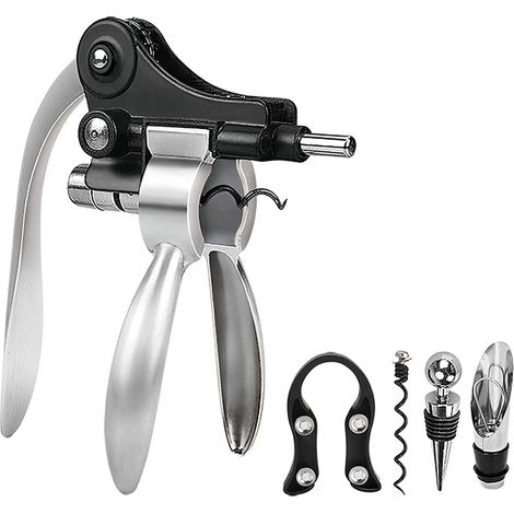 Tire-Bouchon - Ouvre-Bouteille à Levier - Coupe-Capsule Intégré - Verseur de Vin - Bague Anti-Goutte - Vis de Rechange - Kit Complet pour Vin et Bière - 1 Pièce (1/5)