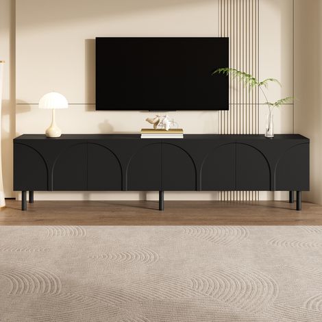 Meuble TV bas long 4 portes à lignes courbes 3D, 2 grands espaces de rangement séparés, MDF et panneaux de particules, pieds métal (1/5)