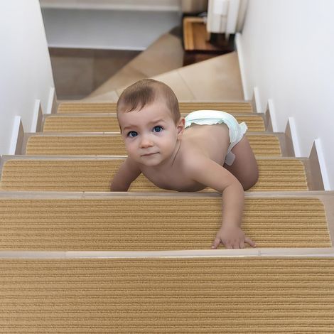 Lot de 15 Tapis d'Escalier Antidérapants 76 x 20 cm Marchette Escalier Auto-adhésifs Tapis Marche Escalier pour Enfants, Animaux Domestiques et Personnes âgées(Beige) (1/5)
