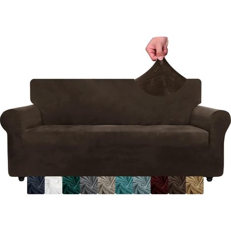 CHELZEN Velours Extra Large Sofa Cover 4 sièges Housses de canapé Extensibles épaisses pour Chiens et Animaux de Compagnie (4 Places, Café Foncé) (1/5)