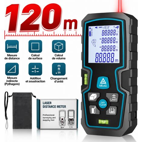 Télémètre laser 120M numérique – Précision ±2mm – Mesure de surface, volume, Pythagore – Écran rétroéclairé – IP54 étanche
