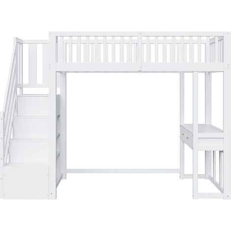 Lit mezzanine 90x200 blanc, lit mezzanine avec bureau et escalier de rangement, cadre en pin massif pour enfant et ado. (1/5)