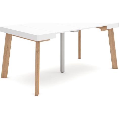 Skraut Home – Table console extensible 90x58cm – Longueur 160cm pour 8 personnes – Pieds en bois – Finition blanche mat moderne (1/5)