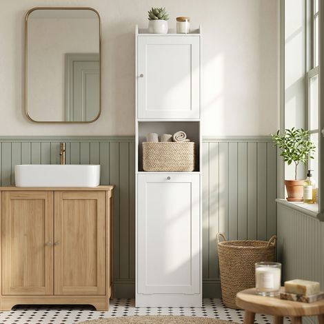 Armoire de salle de bain haute avec panier pliable et étagères, 40 x 30 x 170 cm, blanche (1/5)