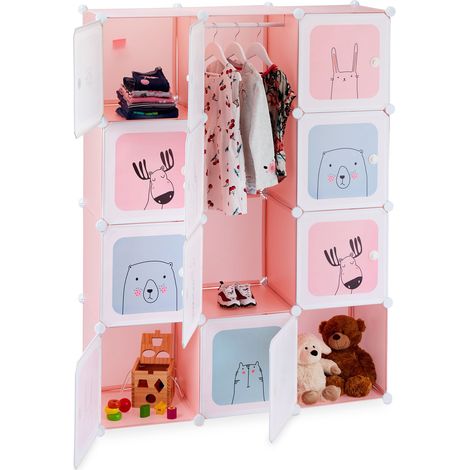 Relaxdays Modular Children’s Shelf, Girls, Fun Designs, Plastic, DIY Rack with Doors, HWD 145x110x37.5 cm, Pink
