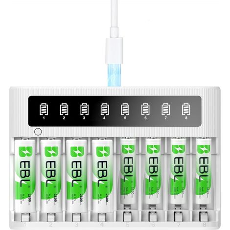 LCD Chargeur de Piles Rechargeables, avec 4xAA + 4xAAA NiMH Piles  Charge Rapide, Écran LCD Intelligent, pour Utilisation Electroniques Domestique et Bureau (1/5)