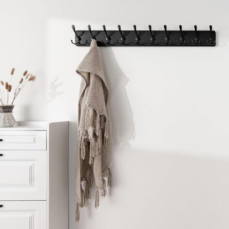 Porte Manteau Mural Bois Noir, Le Style Rustique, 98cm Longue,Grand Porte-manteau Mural avec 10 Crochets Triples Pour suspendre sac à dos, veste, chapeau