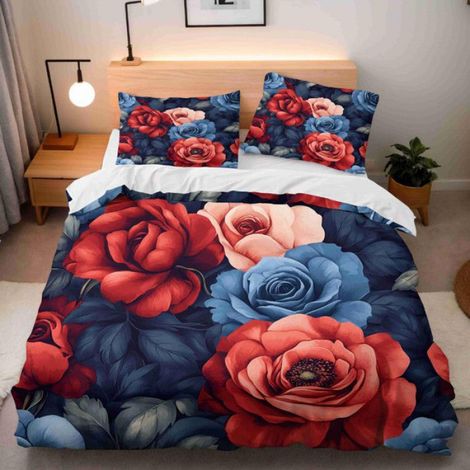 200x200cm,Roses Rouges et Bleues avec des Feuilles Vertes,Housse de Couette 3Pc Microfibre Super Douce -Imprimé 3D Haute Définition (1/5)