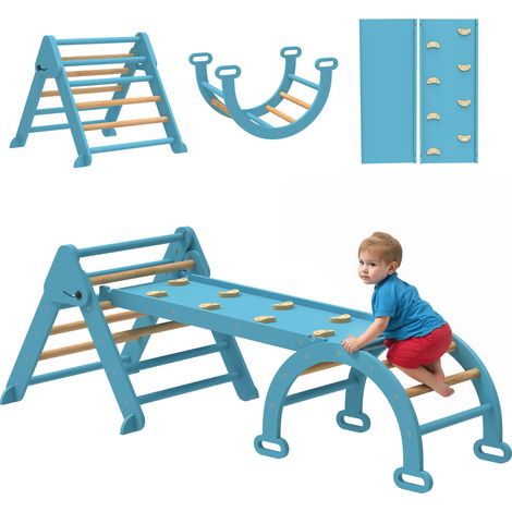 7 en 1 Escalade Montessori, en bois, bleu, 188 x 70 cm, pour enfant, format pratique, style facile à associer