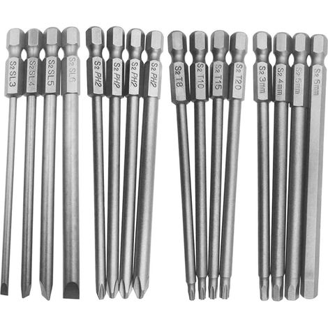 16pcs Longs 6.35mm Hex Tige Tournevis Magnétiques Embouts Plat + Croix + Torx + Hex Ensemble Jeu de Forets Pour Tournevis en Acier Allié S2 100mm de longueur (1/5)