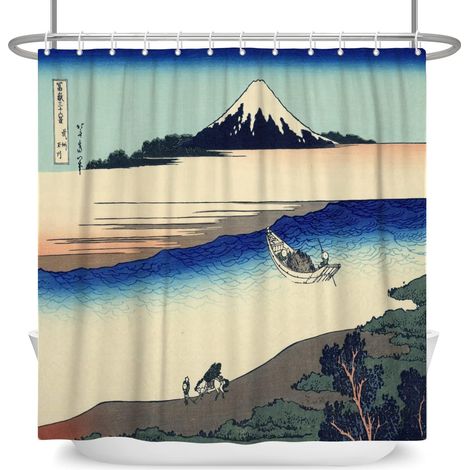 1 Rideau de douche, 178x183cm, Motif Ukiyo-e Mont Fuji, Polyester imperméable, Avec crochets, Pour salle de bain (1/5)