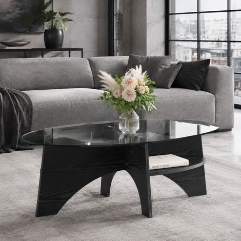 Mesa de centro ovalada de vidrio templado 104,9 x 60 x 35,6 cm, estructura MDF negro DESVIAE (1/5)