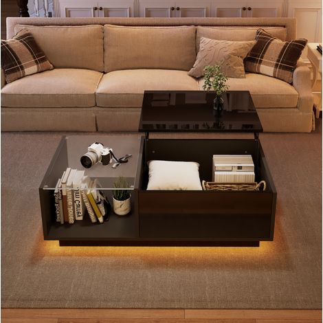 Table basse relevable 100x50x33 cm noire en panneau de particules avec LED APP et rangement (1/5)
