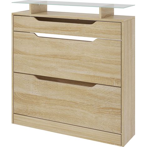 Armoire à Chaussures 2 tiroirs rabattables + 1 tiroir Coulissant + 1 comptoir et 1 Plateau en Verre étagère réglable (1/5)