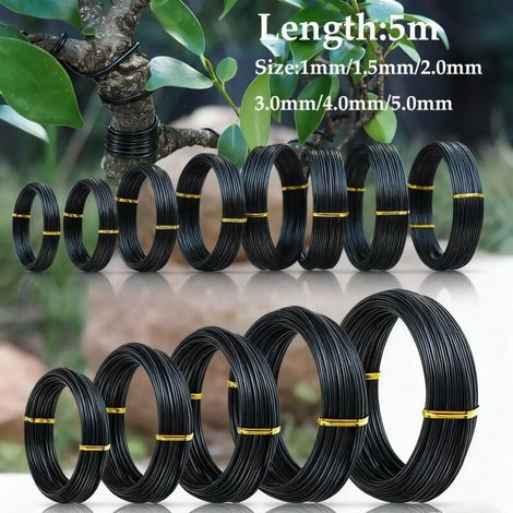Fil d'aluminium noir (1,5 mm) 5 m/rouleau, forme bonsaï, six tailles disponibles pour la création de formes de plantes et de jardins. (1/5)