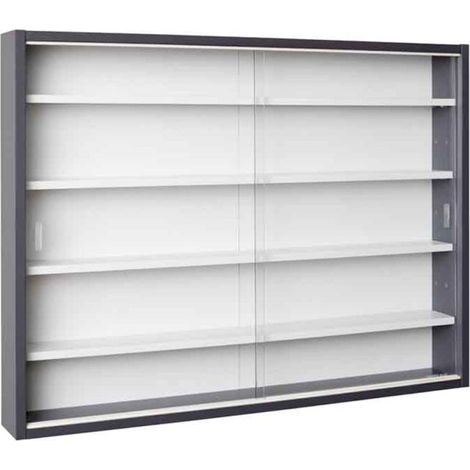 Paris Prix – Vitrine murale rectangulaire 83cm – 2 vitres coulissantes – Panneaux de particules gris et blanc – Protège vos bibelots de la poussière (1/5)