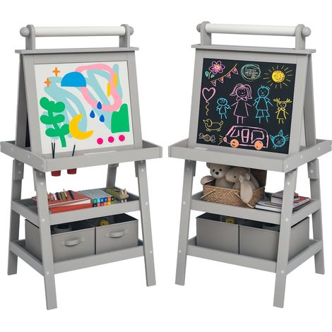 Tableau chevalet enfant 3 en 1 avec tableau blanc magnétique, tableau à craie, rouleau papier, 2 paniers, 3-6 ans, gris