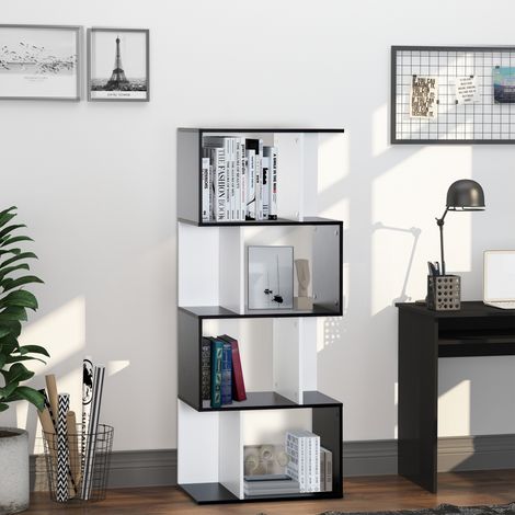 Rayonnage à 5 plateaux, meuble de stockage au design en S avec rayons, unité de rangement pour séjour chambre et bureau, 60x24x148 cm, noir, blanc (1/5)