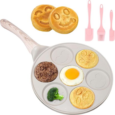 Poêle à crêpes anti-adhésive de 26 cm : sept trous, avec visages smiley, poêle à crêpes pour gaz, etc. Poêle à œufs au plat pour omelettes, crêpes, hamburgers (abricot) (1/5)