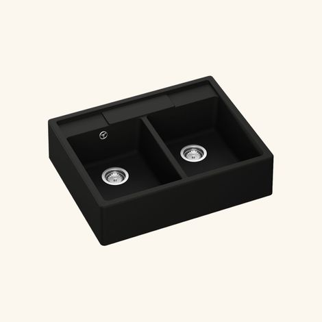 Kümbad – Évier timbre d'office granit noir 80x63 cm – 2 bacs – Pose à poser – Vidage manuel – Bonde incluse – Pour meuble sous évier 80 cm (1/4)