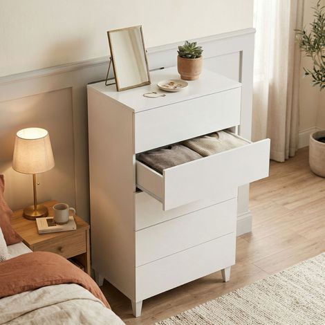 Cassettiera Aaron, Settimanale a 5 cassetti, Mobile Comò per camera da letto, Settimanale moderno, 61x40h117 cm, Bianco (1/4)