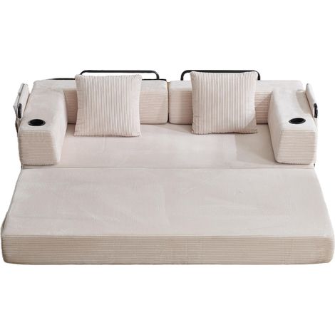 Canapé-lit de sol convertible en velours côtelé blanc, avec accoudoirs rabattables, poches latérales et porte-gobelets, sans montage, pour salon et chambre  CHICFURN (1/5)