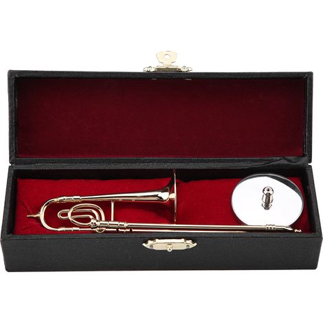 Réplique Miniature de Trombone Doré avec Support et Étui - Modèle Instrumental Décoratif (1/5)