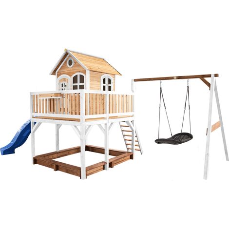 Axi Liam Maison Enfant Avec Bac À Sable, Balançoire Nid D’Oiseau Noir & Toboggan Bleu Aire De Jeux Pour L'Extérieur En Marron & Blanc Maisonnette / Cabane De Jeu En Bois Fsc