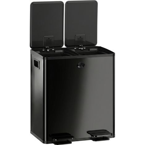 Poubelle de cuisine 2 compartiments 2x20L, acier inoxydable, couvercle à fermeture douce, noir 45,8x36x51,6cm (1/5)