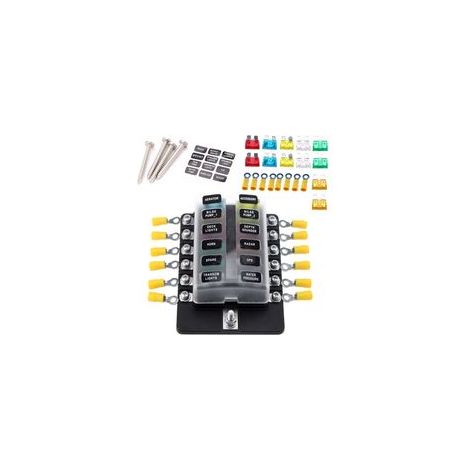 Boîte à fusibles 12 voies (bornes à vis) avec LED d'avertissement +10pcs Blocs de fusibles (10A2,15A2,20A2 25A2,30A2) +10 Bornes jaunes + Autocollants