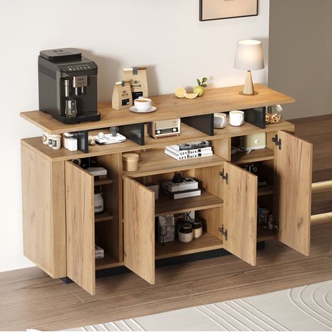 Aparador con 4 puertas y 3 huecos abiertos, 140 x 40 x 85 cm, Natural, OKMYHOME (1/5)