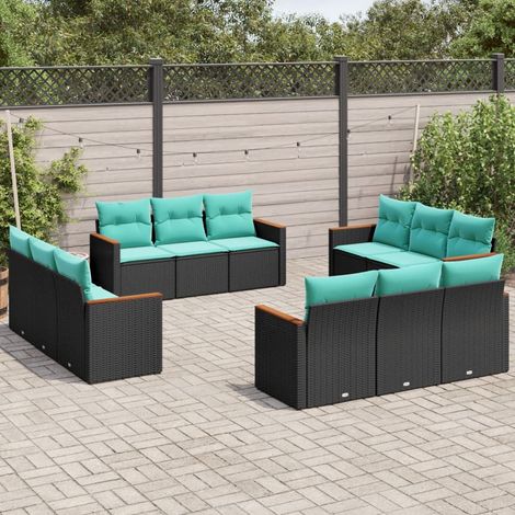 Salon de jardin 12 pièces en résine tressée noire avec coussins bleus - PANGIVO (1/5)