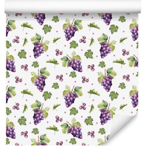 Carta da parati con motivo uva, bianca e verde lime, per soggiorno e camera da letto, 50x1000 cm. (1/4)