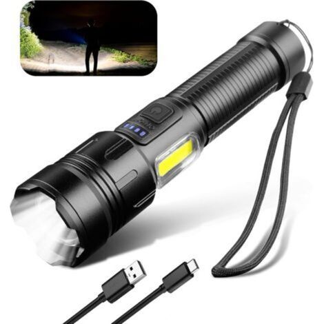 Torcia a LED COB ultra luminosa da 1000-1200 lumen - Ricaricabile tramite USB - 3 modalità - Portatile - Impermeabile IPX4 - Per uso esterno -Crezuo