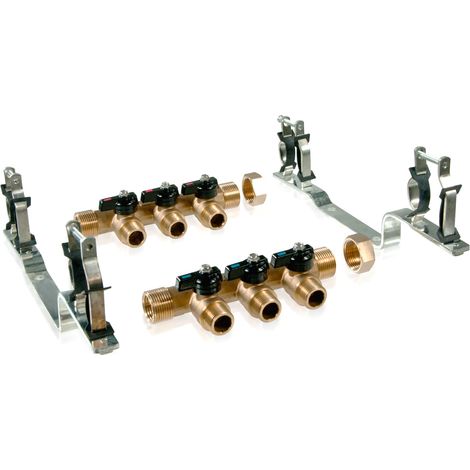 Arcanaute – Kit collecteur radiateur 3 circuits – 2 collecteurs mâle 20/27 – Mini-vannes monobloc 3 départs 1/2' – Supports muraux inclus