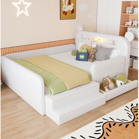 Cama infantil tapizada 140 x 200 cm, cabecero oso, LED, USB, almacenaje, blanco (1/5)