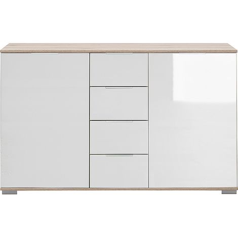 Schlafzimmer Sideboard in Eiche sägerau Nb. mit weißem Glas ELSTRA-43, B/H/T ca. 130/83/41 cm