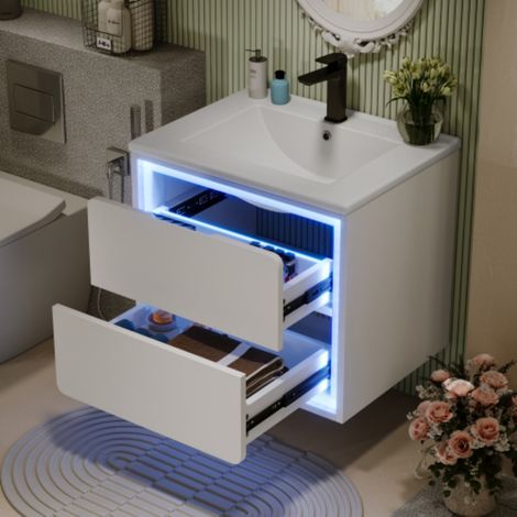 Meuble de salle de bains suspendu 60x46x50 cm entièrement laquée éclairage LED deux tiroirs avec lavabo intégré blanc (1/5)