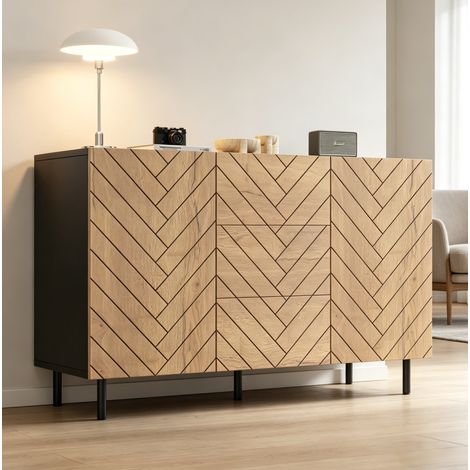 REDOM - Credenza 120x40x76 cm, 3 cassetti e 2 armadietti, ampio spazio contenitivo, pannelli di particelle, legno naturale e nero opaco (1/5)