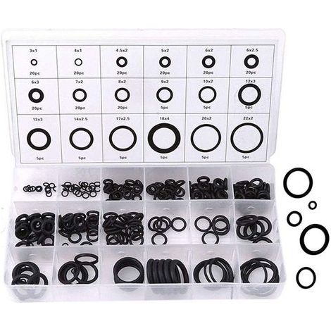 Kit de joints toriques, 225 rondelles en caoutchouc anti-vibrations, 18 tailles, assortiment de joints toriques, kit de rondelles toriques (noir) (1/5)